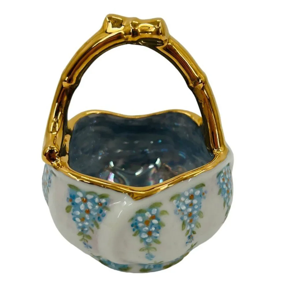 Vintage Hand Painted Blue Floral 24K Gold Small Porcelain/Ceramic Basket